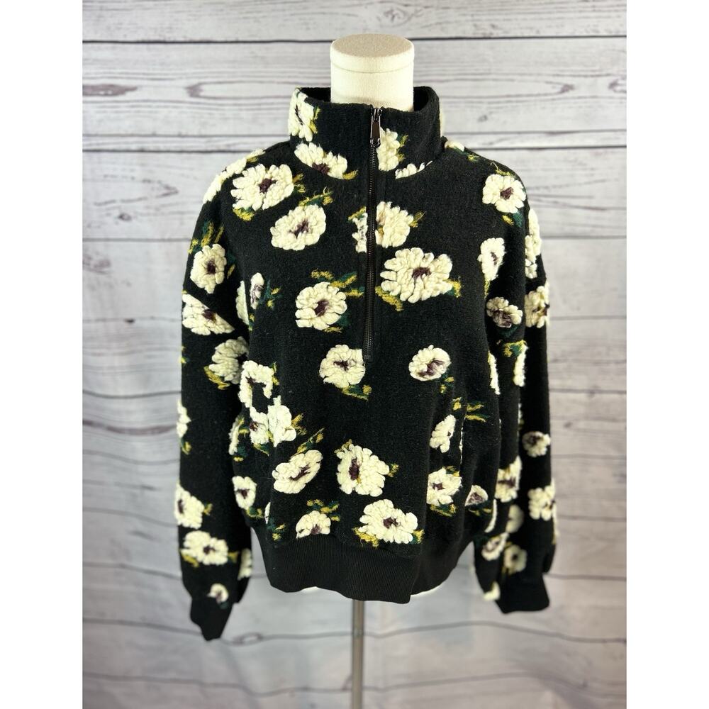 Entro Floral Sherpa Fleece Pullover Women Medium Black 3/4 Zip Cozy NWT